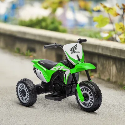 Image de Moto électrique pour enfants sous licence Honda, tricycle pour enfants avec effets sonores, plastique et métal, vert | 71 x 40,5 x 43,5 cm | 3 km/h | 18 à 36 mois