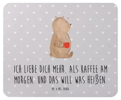 Produktbild von Mr. & Mrs. Panda Mouse Pad Bär Morgenkaffee - Grau Pastell - Geschenk, Jahrestag, mousematte, für Freundin, Mousepad, Valentinstag, Frauen, Hochzeitstag, computer, Freund