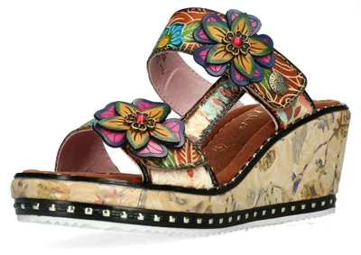 Produktbild von Laura Vita Damen Pantolette mit floralem Muster Plateau und Keilabsatz Ballon 02, Größe:39 EU, Farbe:Braun