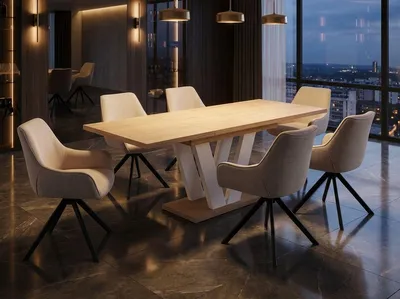 Produktbild von ENDO-Möbel Essgruppe "Lara White" - Esstisch ausziehbar 130-210cm in Eiche Cremona für 6 Personen mit Stühlen in Leinen-Beige