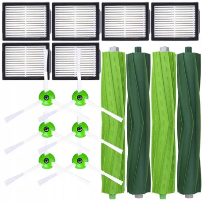 A collection of vacuum cleaner replacement parts, including filters, side brushes, and main brushes, arranged on a white background.