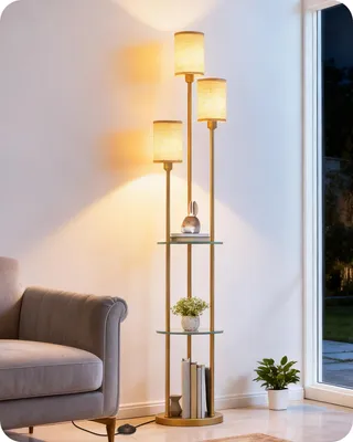 Produktbild von GOEBLESON Stehlampe Wohnzimmer mit Ablage, 3-flammige Stehleuchte mit Regal Vintage, Boho Standleuchte aus Holz mit Fußschalter, E27 Fassung, Gold und Beige ZED53LDD05