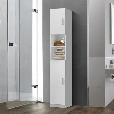 A white bathroom cabinet is shown in a bathroom setting next to a shower.