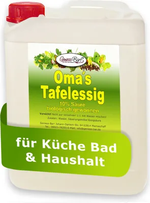 Produktbild von 5L Oma`s Tafelessig 10% Säure / Geschmacks Sieger für die gute Küche / Biologisch gewonnen / Glanz im Bad / Entkalken ohne Chemie / Premium Haushaltsessig