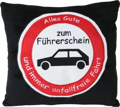 Produktbild von Plüschkissen Kissen Autokissen Führerschein Spruchkissen 'Alles Gute...'schwarz