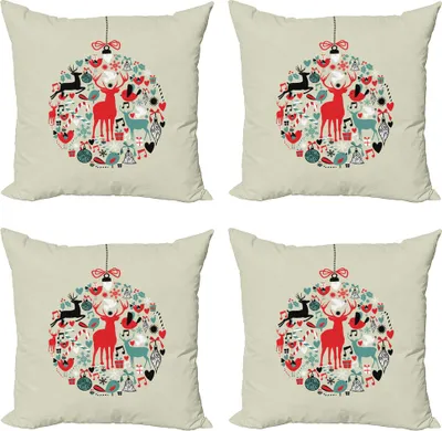 Produktbild von ABAKUHAUS Weihnachten Kissenbezug Set (4 Stück), traditionelle Motiv, Moderner Doppelseitiger Digitaldruck, 40 cm x 40 cm, Beige und Rot