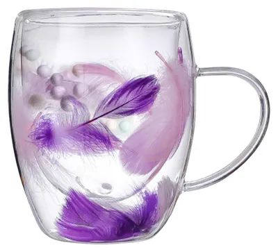 Produktbild von Doppelwandiger Kaffeebecher aus Glas, 250/350 ml, Tasse im Federdesign mit Henkel, isoliert, Verbrühungsschutz, bequemer Griff, Temperaturregelung, Becher für Tee, Latte, heiße Getränke