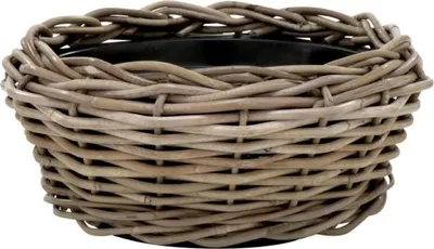Produktbild von Pflanzkorb Rattan Rund – Beigegrau - Weidenkorb mit Einsatz für Außen / Outdoor - Gartenkorb Korbgeflecht - Übertopf für Garten / Pflanzgefäß (Ø 35cm / Höhe 14cm)