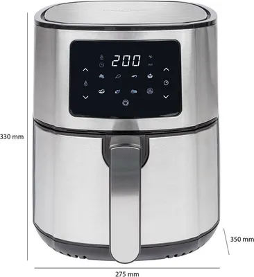 A stainless steel air fryer with a digital display and control panel.