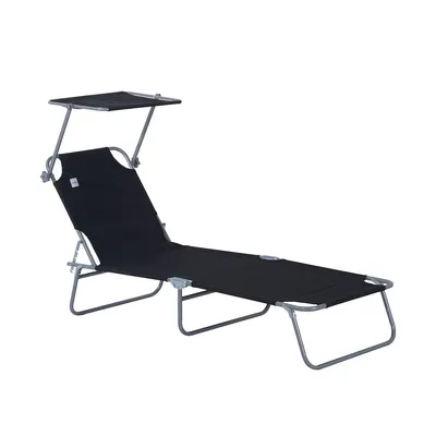 Produktbild von Sonnenliege mit Sonnenschutz 4-Fach Verstellbare Rückenlehne Strandliege Gartenliege bis 120kg belastbar für Terrasse & Balkon 187x58x36 cm Schwarz