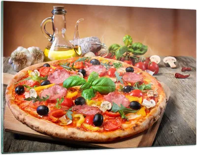 Produktbild von Bilder auf glas - Pizza Käse Tomaten - 120x80cm - Glasbilder - Wandbilder - Kunstdruck - zum Aufhängen bereit - Wanddekoration aus Glas - Glas Bilder - Wandbild auf Glas - Einteilig - GAA120x80-4024