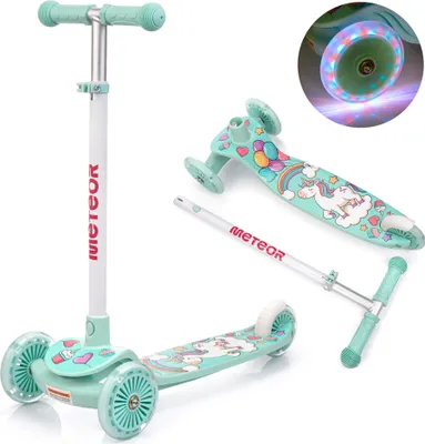A mint green three-wheeled scooter with unicorn and rainbow graphics, shown from multiple angles, with a close-up of its light-up wheels.