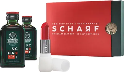 Produktbild von Jägermeister Limited Edition SCHARF x Uslu – 2x 0,04-l ( 33% Vol.) + Lippenstift im Gift-Set