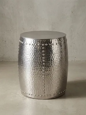 Produktbild von Beistelltisch 42x49x42cm Aluminium Silber Dekotisch orientalisch rund, Kleiner Hammerschlag Abstelltisch, Designer Ablagetisch Metall modern, Anstelltisch schmal