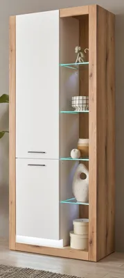 Produktbild von Vitrine "Rivian" weiß matt und Evoke Eiche Vitrinenschrank 80 x 195 cm mit LED