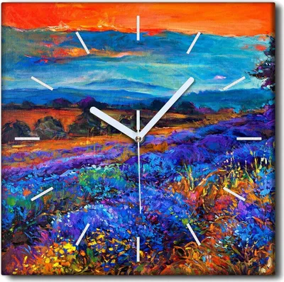 Produktbild von Coloray Uhr auf Leinwand 30x30 cm Wand Uhr Dekoration Wohnzimmer Segeltuch weiße Zeiger -Lavendelwiesenlandschaft.