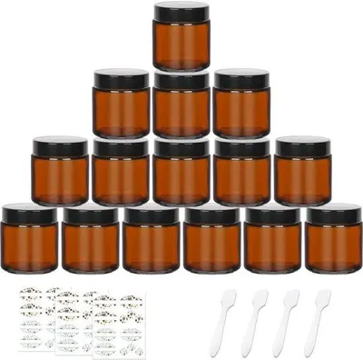 Productafbeelding van Glazen Potten 15 Stuks - 120 ml - Amberkleurig - Cosmetische Containers - Zwarte Deksels - Met Etiketten