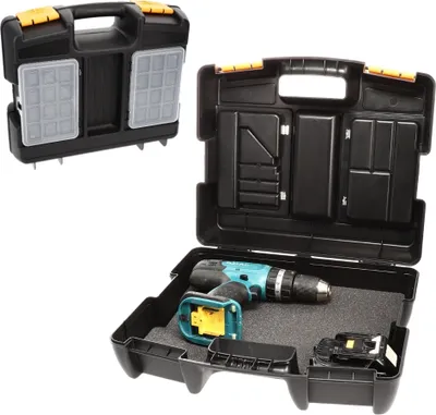 Produktbild von Werkzeugkasten Leer mit Schaumstoffeinlage Maschinenkoffer Leer Werkzeugkoffer Werkzeugkiste mit Fächern Toolbox Werkzeugaufbewahrung Werkzeugbox für Elektrowerkzeuge