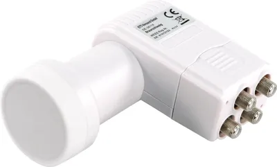 A white satellite LNB with multiple connectors on one end and a circular cap on the other, set against a white background.