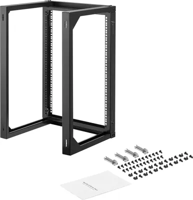 Obrázek produktu pro SucceBuy 15U nástěnný serverový stojan, nosnost 68 kg, otevřený rámový síťový stojan s otevíráním dveří o 180 stupňů, uhlíková ocel, vhodný pro 19palcové IT a AV vybavení, počítačové servery, černý