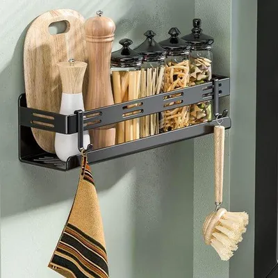 Produktbild von Unyqoos Kräuterregal Organizer für die Wand mit abnehmbaren Haken, 40 cm, schwarz, ohne Bohren