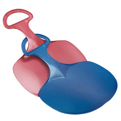 A blue and red plastic sled is shown against a white background.
