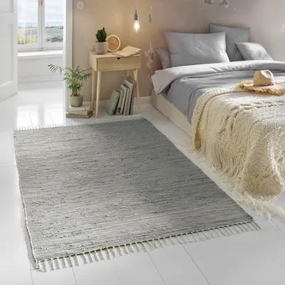 Produktbild von Flicken-Teppich 100% Baumwolle I Waschbarer Fleckerl mit Fransen I Esszimmer Küche Badezimmer Wohnzimmer Kinderzimmer |  Grau