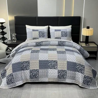 Produktbild von Ibenzoa® 3‑teiliges Tagesdecke-Set Grau 220 x 240 cm, 2 Kissenbezüge 48 x 75 cm, Mikrofaser-Polyester, Patchwork-Blumenmuster, gesteppter Überwurf für Doppelbett