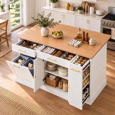 Immagine prodotto di Isola da cucina Flieks con piano di lavoro e cassetti, mobiletto da cucina con vano per il cestino, ripiano laterale e ampio spazio di stoccaggio, dimensioni 120*70*91,5 cm, colore bianco e legno naturale, materiale: pannello di fibra a media densità (PB)