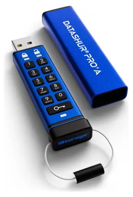 Obrázek produktu pro iStorage datAshur PRO+A, 128 GB, USB Typ-A, 3.2 Gen 1 (3.1 Gen 1), 310 MB/s, 25 g, Modrá