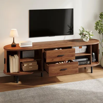 Produktbild von STILVORA TV-Lowboard mit abgerundeten Enden und vertikaler Maserung, TV-Schrank mit Schiebetüren und 2 Schubladen, Fernsehbank mit schwarzen Griffen