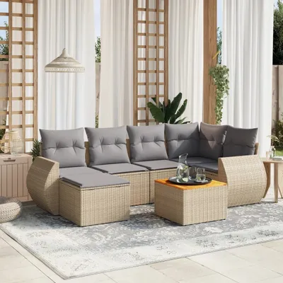 Produktbild von Design 7-tlg. Garten-Sofagarnitur mit Kissen Beige Poly Rattan, Gartenmöbel-Sets 2024 Neu