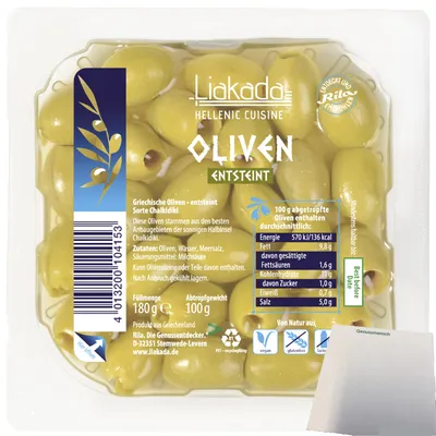 Produktbild von Liakada Grüne Oliven entsteint (100g Packung) + usy Block
