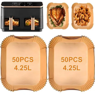 Image de Papier sulfurisé pour friteuse à air, 100 pièces, compatible avec la friteuse à air COSORI Dual Zone de 8,5L, format rectangulaire