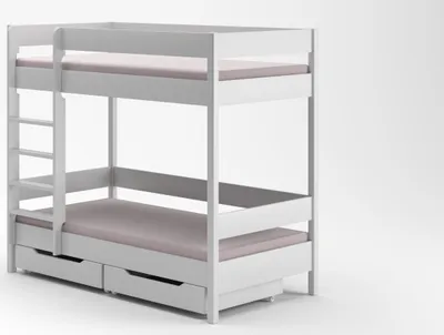 Produktbild von Etagenbett Diego 140x70 Kinderbett mit Rausfallschutz & Lattenrost weiß 70 x 140 für Mädchen und Jungen Massivholz Kiefer, mit Matratzen und Schubladen