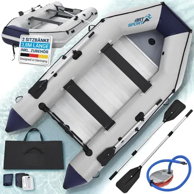 Produktbild von ArtSport Schlauchboot 3,80 m für 6 Personen mit 2 Sitzbänke & Aluboden – Paddelboot mit Paddel, Pumpe, Tasche & Reparaturset – Angelboot aufblasbar