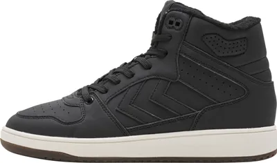A side view of a black high-top sneaker with a white sole.