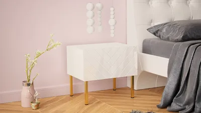 Produktbild von Moderne Glamour Nachttisch GALA mit Schubladen Dekorative Front Weiß mit Goldene Rahmen