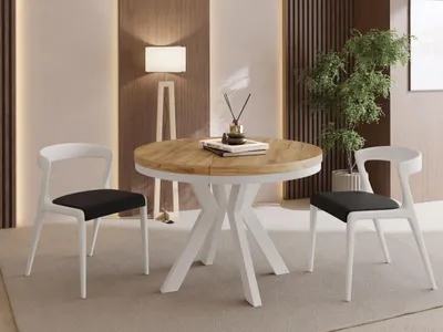 Produktbild von Runder Esstisch Ausziehbar 100-200 cm XXL Groß – Verlängerbar, für 5-10 Personen mit Weißen Holzbeinen & Metallring – Tisch für Wohnzimmer & Esszimmer in Eiche Braun