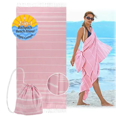 Productafbeelding van Strandhanddoek met Rugzak - 100% Katoen - Oudroze