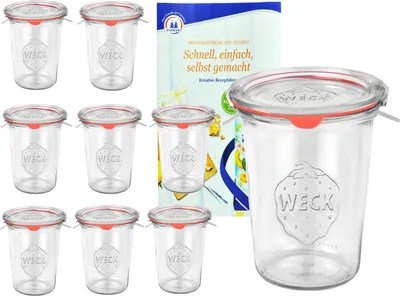 Produktbild von 9er Set Weck Gläser 850ml, 3/4L Sturzgläser mit 9 Glasdeckeln, 9 Einkochringen und 18 Klammern