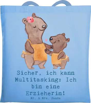 Produktbild von Mr. & Mrs. Panda Schultasche Erzieherin Multitasking - Sky Blue - Geschenk, Tragetasche, Tasche, humorvoll, Kindergarten, Tote Bag, Kindheit, Berufsgestaltung, Vertrauen