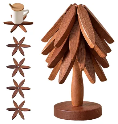 Image de Lot de dessous-de-plat en bois en forme de sapin de Noël, comprenant des dessous-de-plat en bois et 1 support en forme de sapin de Noël pour plats chauds, casseroles, bols, théières et autres objets chauds (marron)