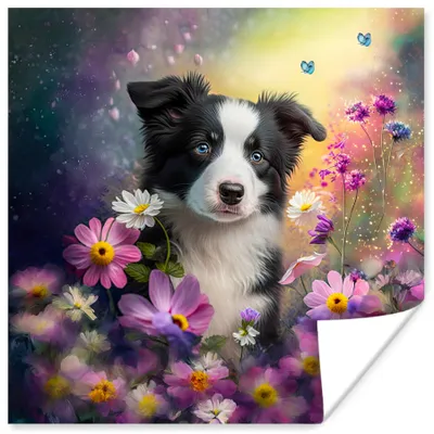 Produktbild von MuchoWow® Poster Hund - Blumen - Natur - Welpe - Border Collie 100x100 cm - Babyzimmer