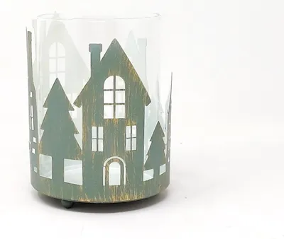 Produktbild von Windlicht Häuser rund H. 12cm creme grün Metall + Glas Formano WA