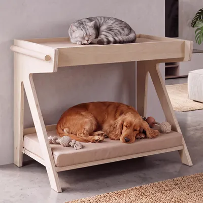 Produktbild von Tierbett MCW-Q63, für Haustiere Tierhaus Katzen-/Hundebett Haustierliege, Holz MVG 80x104x60cm  natur, Kissen beige