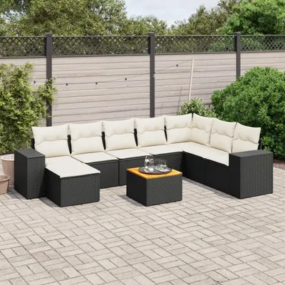 Produktbild von Design 9-tlg. Garten-Sofagarnitur mit Kissen Schwarz Poly Rattan, Gartenmöbel-Sets 2024 Neu