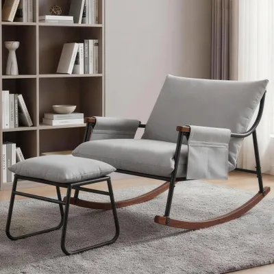 Produktbild von Schaukelstuhl mit Fußhocker, Seitentasche, Armlehnen, Holzgestell, für Wohnzimmer, Schlafzimmer, Babyzimmer, technischer Stoff, Hellgrau
