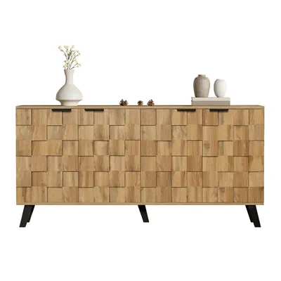 A wooden sideboard with a textured front and black legs, decorated with vases and pinecones.
