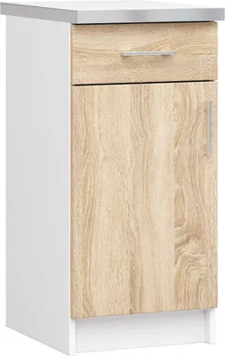 A single kitchen cabinet with a drawer and a door.